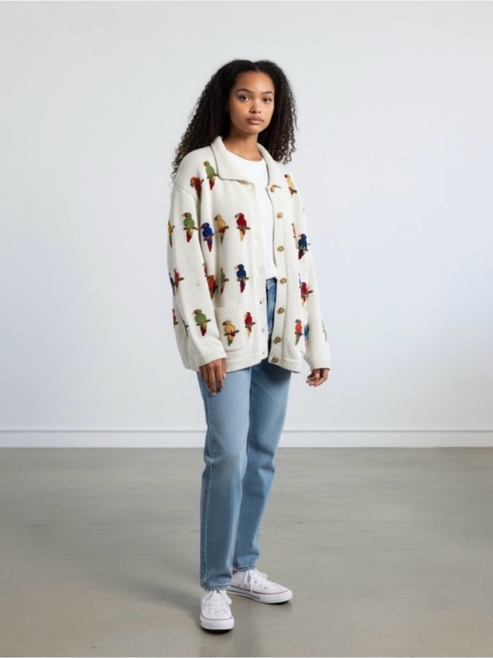 Cotton Salsa VTG Unisex Embroidered Parrot Knit Cardigan Sweater Size XL